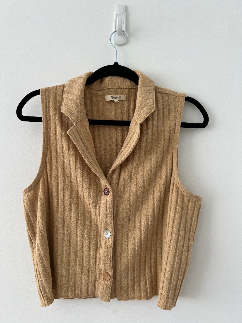Madewell Tan Ribbed Knit Vest Top L Sleeveless Button Front Notch Collar